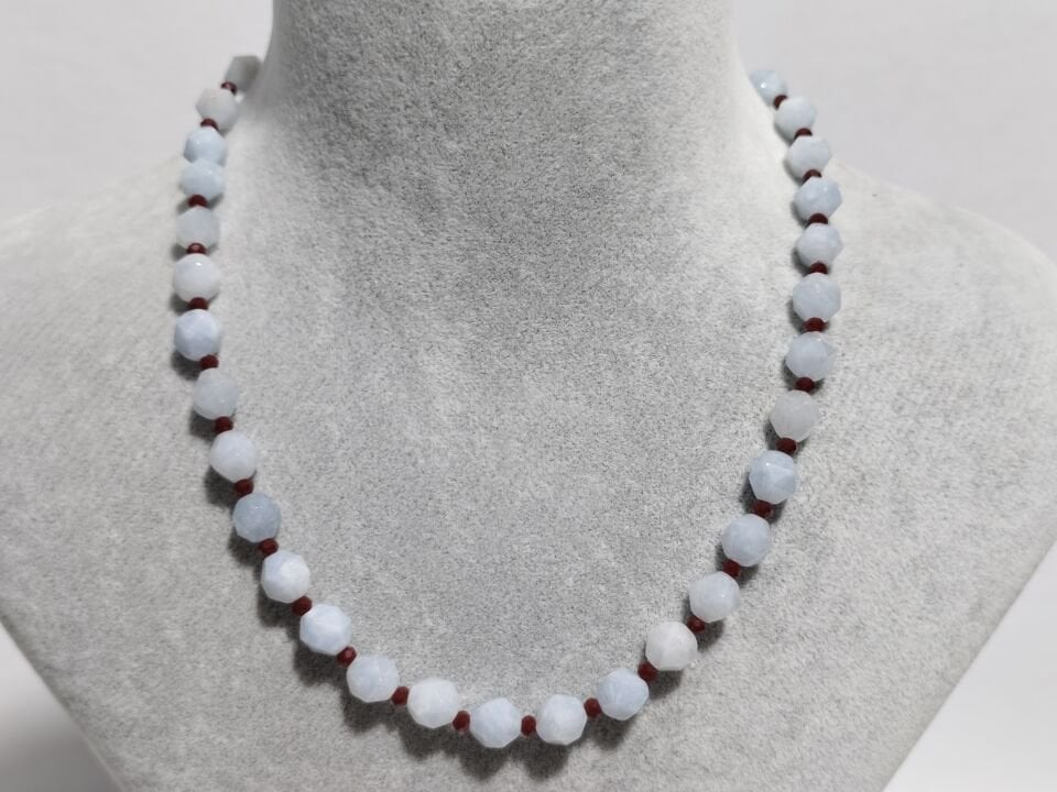 HEGZAGONAL KESİM AKUAMARİN VE LAL TAŞI BAYAN DOĞAL TAŞ KOLYE