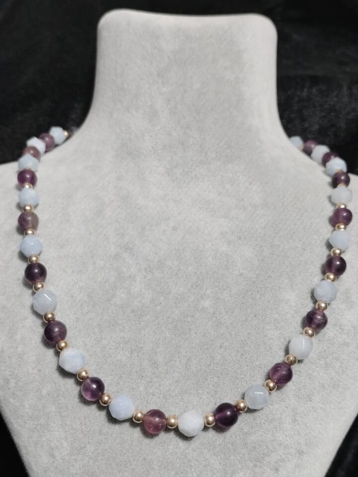 AQUAMARİNE VE MOR FLORİT DOĞAL TAŞ KOLYE