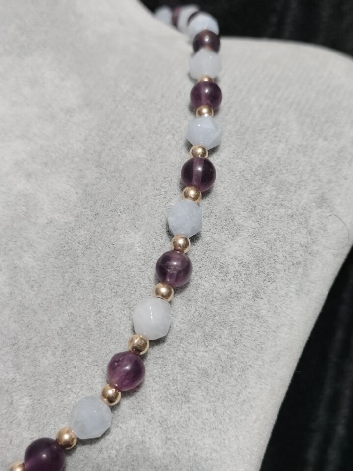 AQUAMARİNE VE MOR FLORİT DOĞAL TAŞ KOLYE