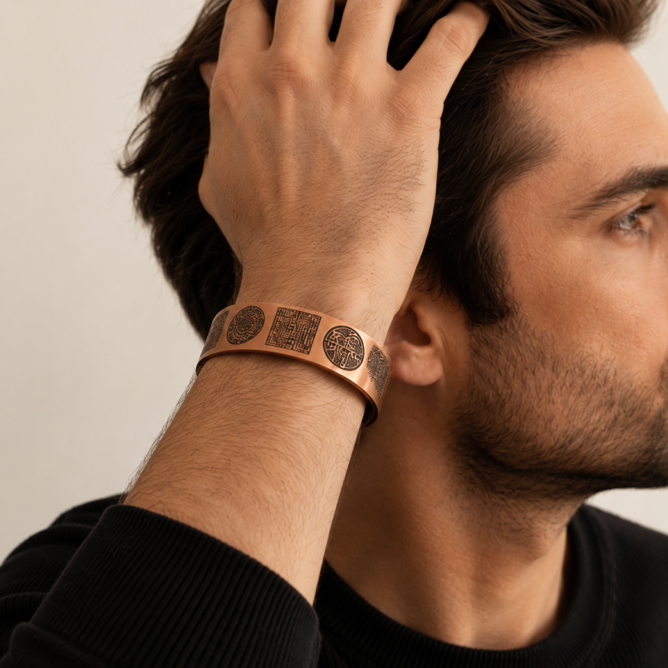 Premium Bakır Bileklik – Kadim Sembollerle Güç, Denge ve Şıklık | Unisex Tasarım