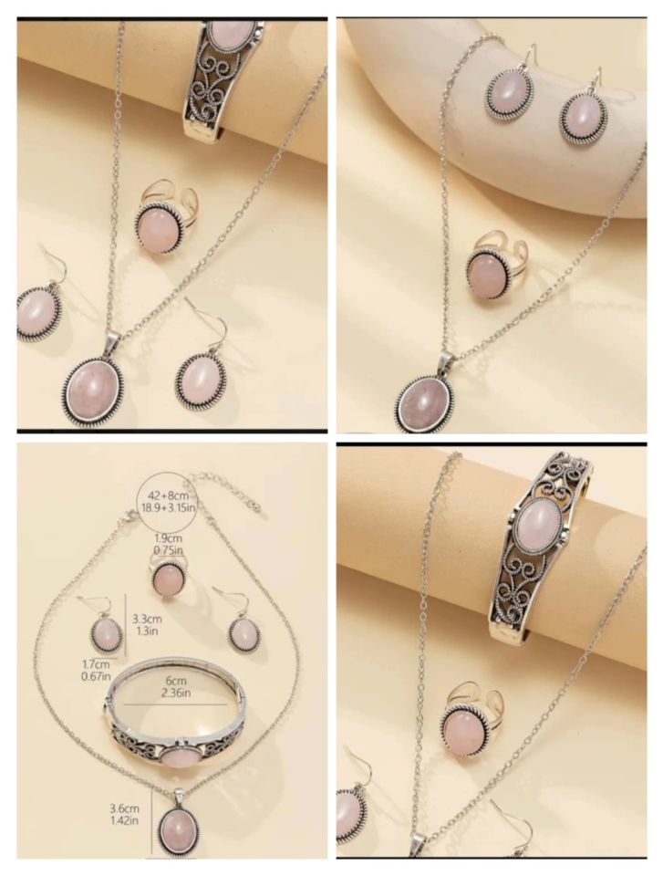 PEMBE KUVARS TAŞI 4 PARÇA SET (KOLYE ÜZÜK KÜPE BİLEKLİK )