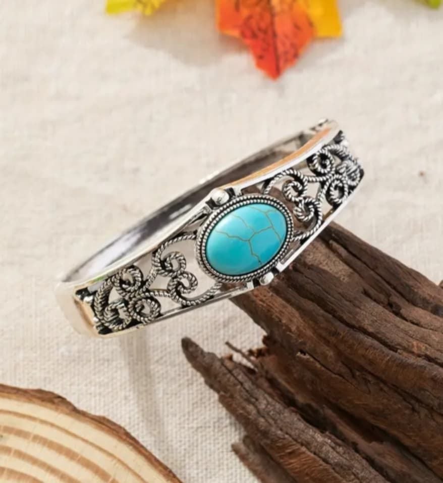 TURKUAZ TAŞI BAYAN BİLEKLİK (METAL KORDON ZAMAK ALAŞIM DÖKÜMDÜR BİLEKLİK AĞIRLIĞI 50 GR. )